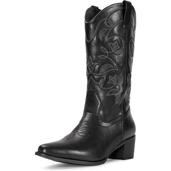 BNIB Women's Boots Pointy Toe Western Boots Cowgirl Boots Mid Calf Boots Black - Picture 1 of 8